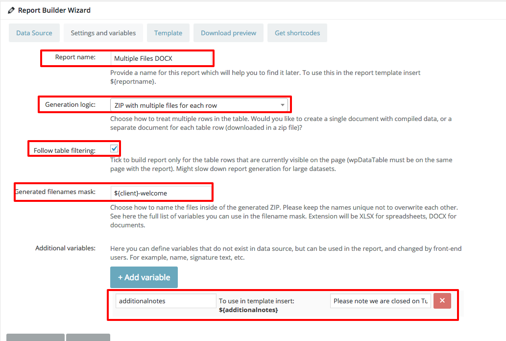Multiple DOCX Generator Settings