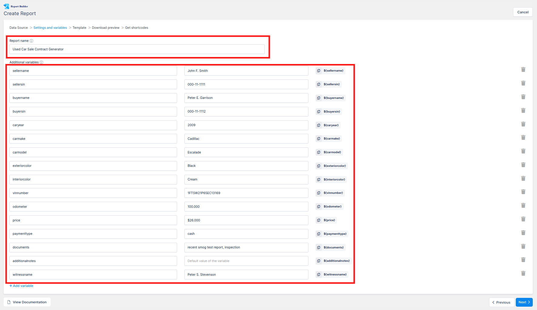 Report variable settings