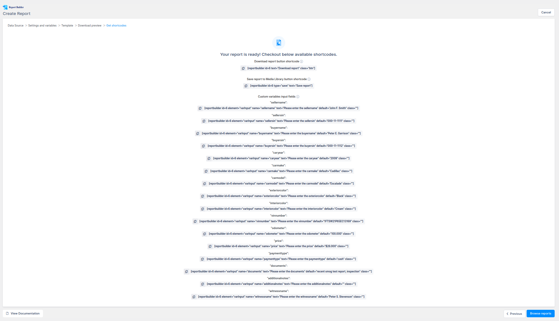 Shortcodes report